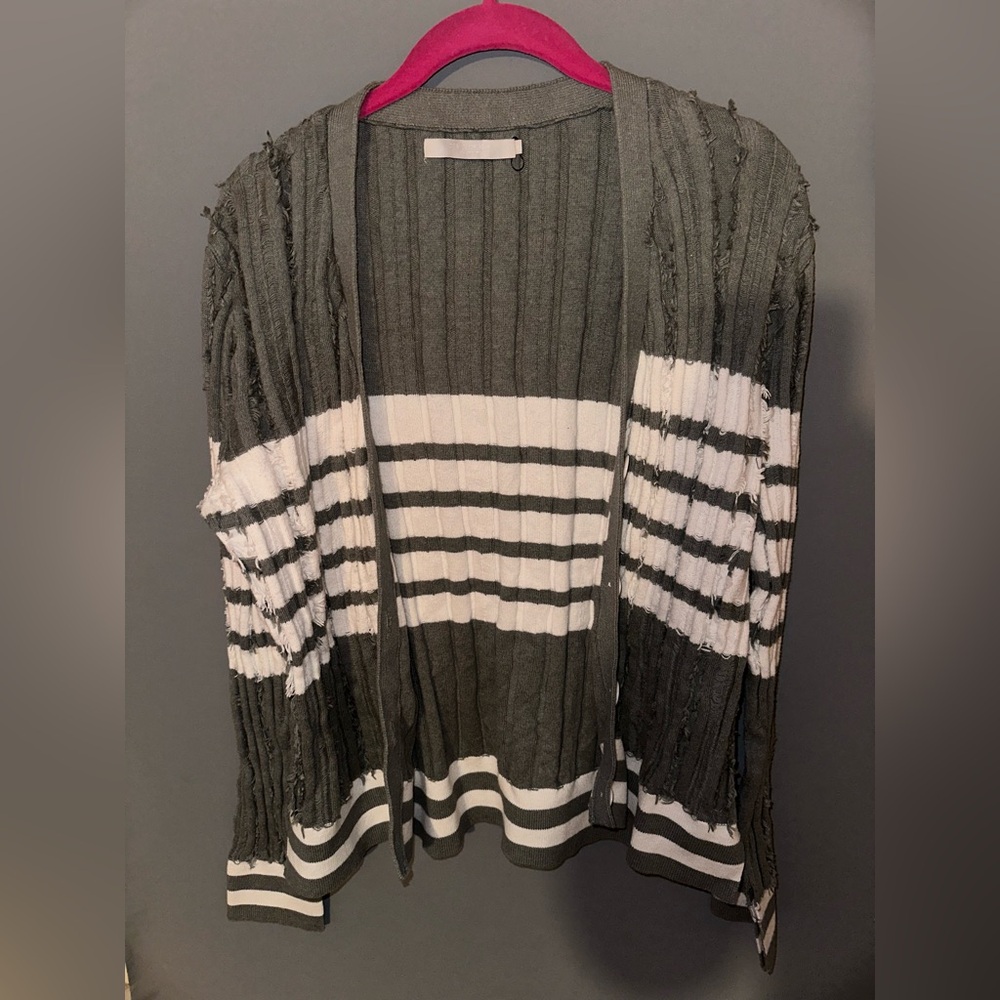 Green and White Striped Cardigan Sweater with Ribbed Knit Texture